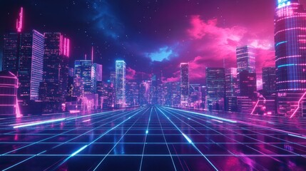 A futuristic cityscape glowing with neon lights at nighttime in the sky