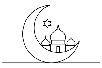 Continuous single line sketch drawing of Islamic Arabic crescent moon, star, Ramadan, Kareem, Eid Mubarak, vector illustration