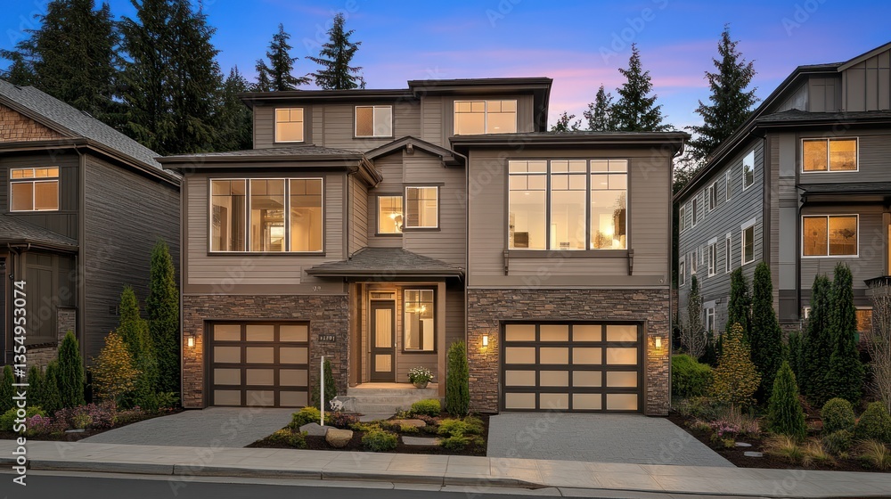 Poster modern residential duplex building with large windows and multiple levels