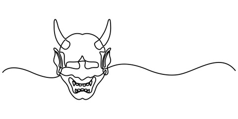 hannya mask continuous one line drawing, Hannya Japanese Irezumi Oni Mask. Samurai Warrior Devil Mask Outline Silhouette, Japanese demon mask, pro vector illustration on white background. minimalist.