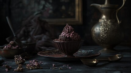 A rich dessert in a bowl displayed near decorative items