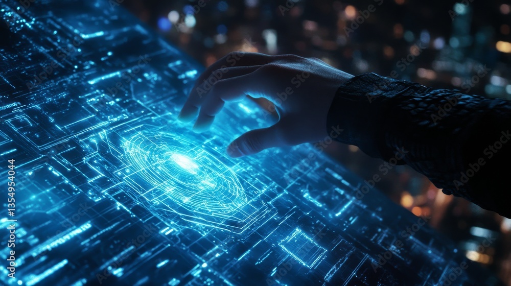 Poster a hand reaching towards a glowing holographic digital interface with intricate circuits and neon blu