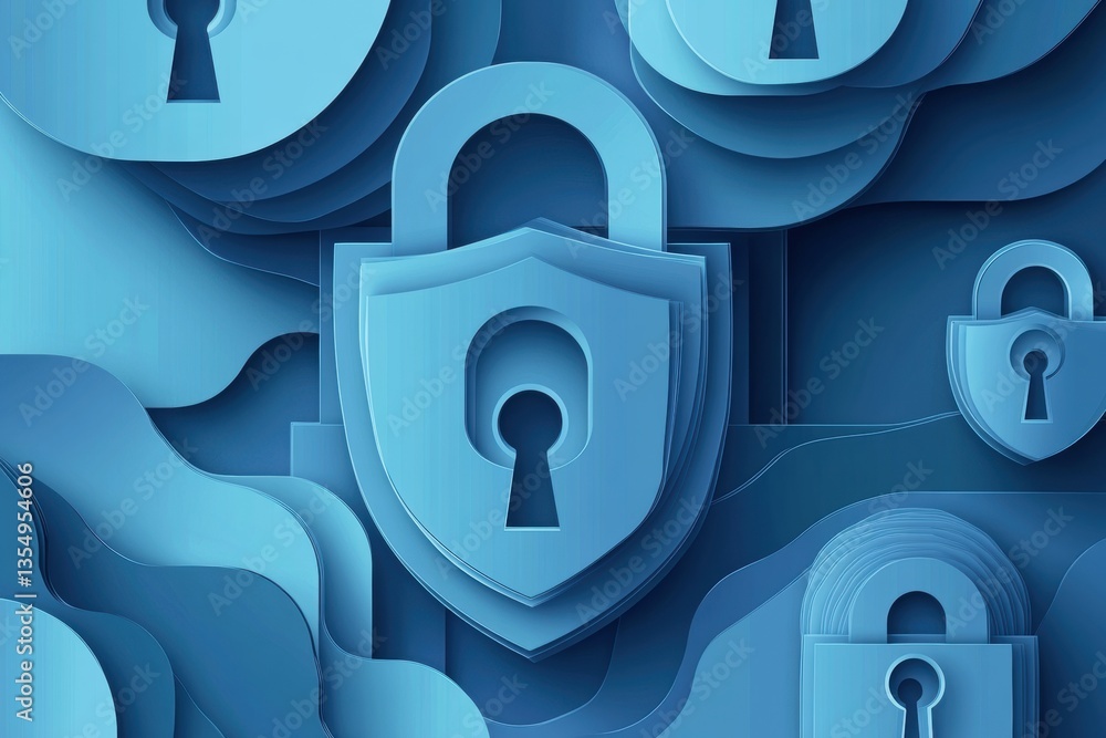 Aufkleber cybersecurity art with layered locks and encrypted codes in modern blue gradients designed to convey
