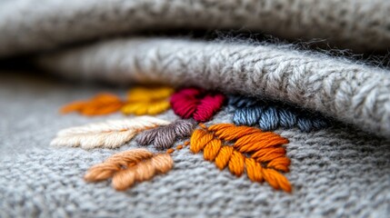 Close-up of grey knitted fabric with colorful embroidered autumn leaves.