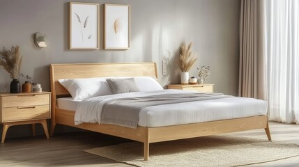 Bedroom with wooden bed, nightstands, artwork, and neutral tones.