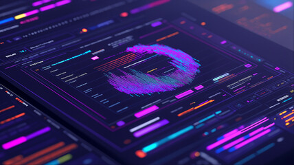 Futuristic 3D data visualization dashboard with purple circular analytics interface, digital business intelligence concept