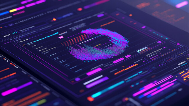Futuristic 3D data visualization dashboard with purple circular analytics interface, digital business intelligence concept