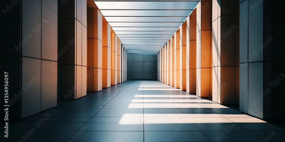 Poster modern architecture featuring a corridor with strong geometric lines and bright sunlight shining thr