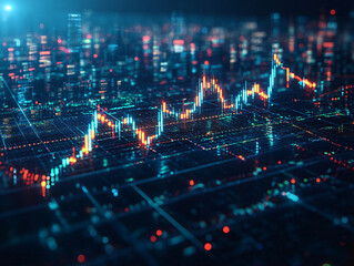 a digital stock market chart with green and red candlesticks, set against a dark background with illuminated lights. The chart displays price movements over time, with the green candlesticks