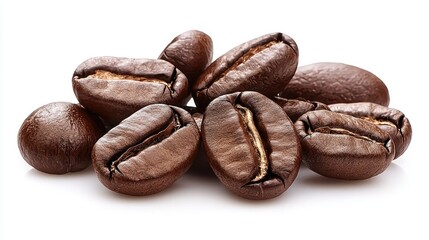 Obraz premium Roasted coffee beans, close-up, studio shot, white background, beverage ingredient