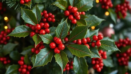 Obraz premium Festive holly leaves and berries on a decorated Christmas tree, berry, branch, red