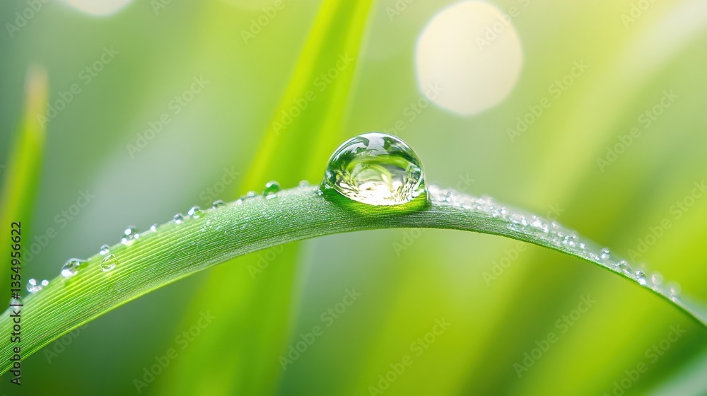 Aufkleber Close up macro shot of a dewdrop on a fresh green wheat leaf in soft natural lighting with high-detail reflections and blurred background