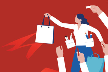 A friendly person handing out promotional merchandise, perhaps flyers or branded giveaways, at a bustling event.  Smiling, engaging with potential customers.