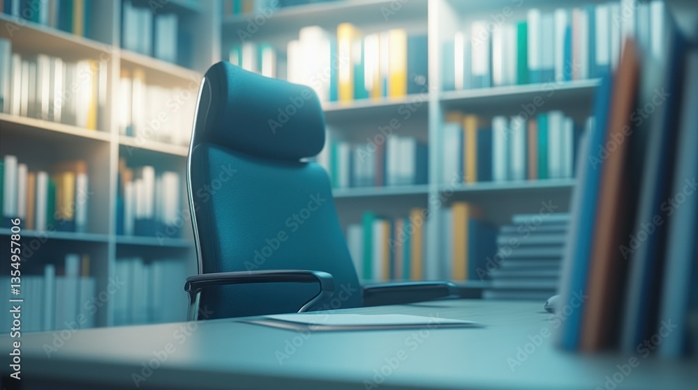 Aufkleber an empty office chair sits in front of a large bookshelf