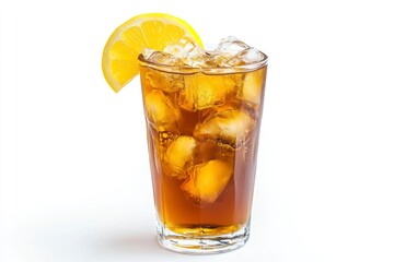 Refreshing Iced Tea with Lemon Slice and Ice Cubes on White