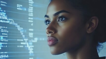 A thoughtful woman looking at lines of binary computer code