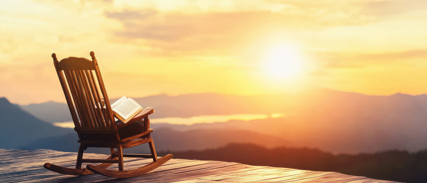 rocking chair sits peacefully at sunset, inviting thoughts of retirement and plans for relaxation and enjoyment