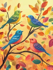 birds tree colorful birds autumn leaves nature illustration wildlife animal art cute birds birdwatching vibrant colors cartoon birds branches seasonal forest