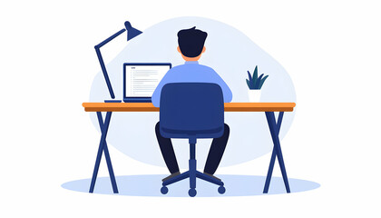 Rear view of person working at desk on laptop