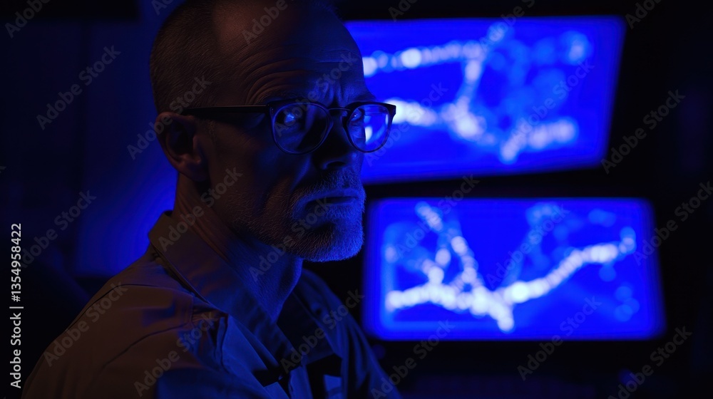 Aufkleber a concerned man looking at multiple display monitors in a room