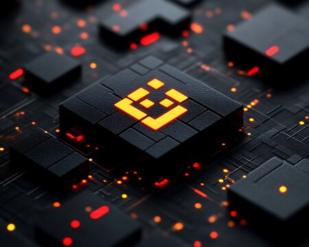 Glowing Cube on Circuit Board, Tech Background