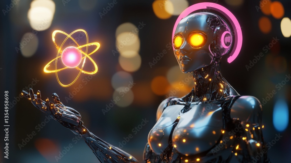 Poster a highly detailed ai humanoid robot stands confidently, holding a vibrant glowing atomic structure. 