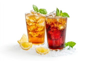 Refreshing Iced Tea Drinks with Lemon and Mint on White Background