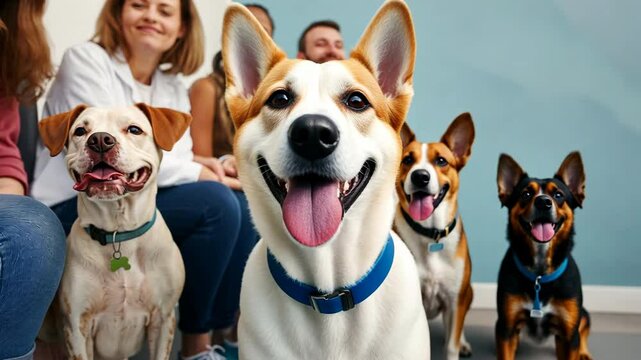 A group of people and their dogs are sitting in a line. A queue at the waiting room of a veterinary clinic.