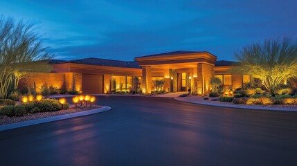 Fototapeta premium Illuminated modern home entrance driveway with desert landscaping at dusk