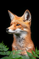 Obraz premium Red fox portrait against dark background, partially hidden by foliage