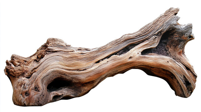 Isolated weathered driftwood log with holes and textured surface on a white background studio shot