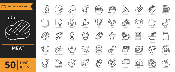 Meat icon set. Containing Meat products, food, Ham, Sausage, Steak, Chicken, Bacon, and more. vector illustration