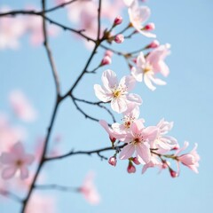 Naklejka premium Delicate pink blossoms gently sway in the breeze on a light blue background, light blue, soft petals
