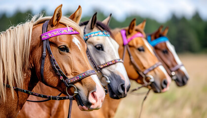 Horses in Field, Colorful Headwear