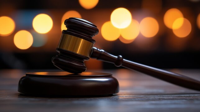 A wooden gavel resting on its stand with soft lighting
