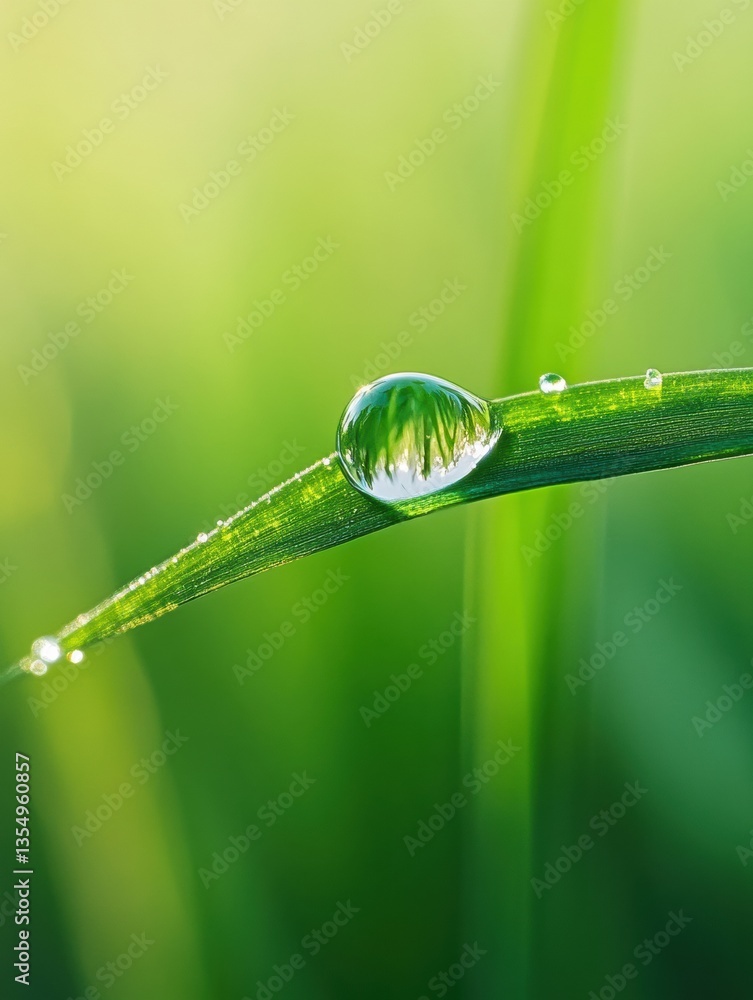 Poster dewdrop resting on a green wheat leaf with detailed reflections and a soft blurred background in nat