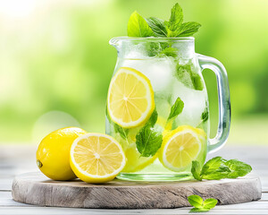 Refreshing lemonade pitcher with lemons and mint on wooden board
