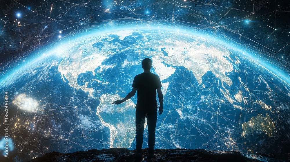 Aufkleber a man standing before a glowing earth with network connections spanning across the globe view from s