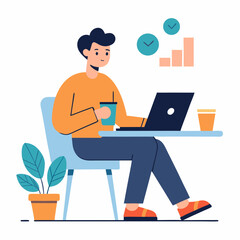 A remote worker drinking coffee while checking emails on a white background