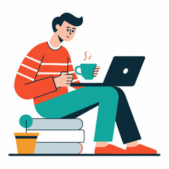 A remote worker drinking coffee while checking emails on a white background