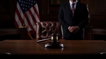 A gavel rests on a desk in a formal courtroom setting