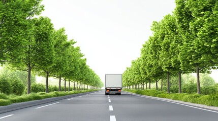 Tree-lined road with a delivery truck driving through, symbolizing logistics and natural harmony, isolated on transparent background for transportation concepts.