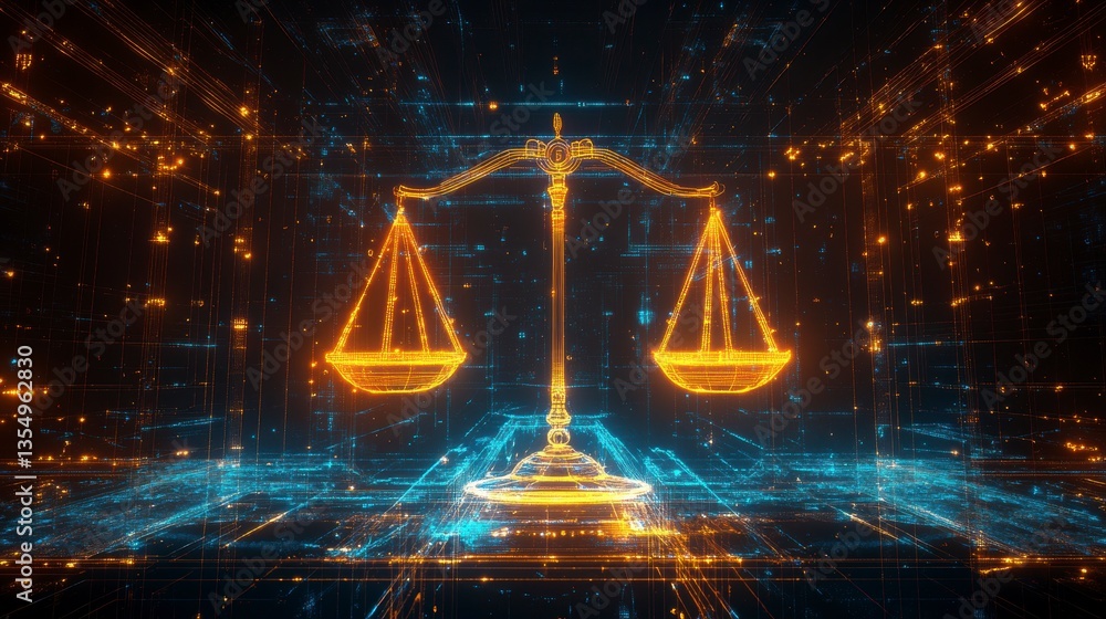 Poster glowing digital scales of justice in abstract tech space.