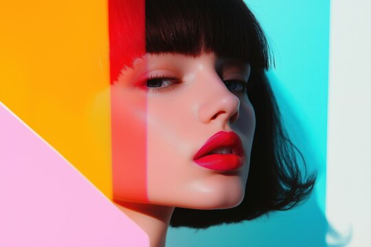 A woman with red lipstick and a short haircut is standing in front of a colorful background. The image has a vibrant and energetic feel to it, with the bright colors of the background