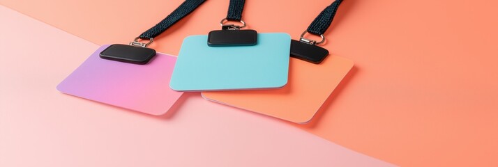 Three colorful name tags are displayed on a pink and orange background. The name tags are in different colors and are attached to a black clip. Concept of organization and professionalism