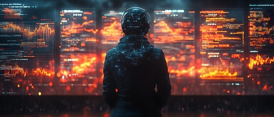 Woman monitors data streams in dark control room