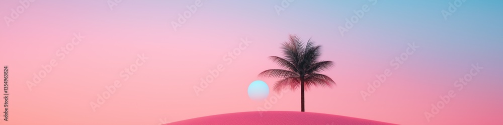 Poster a tree is standing on a hill with a blue moon in the sky. the sky is pink and the tree is the only o