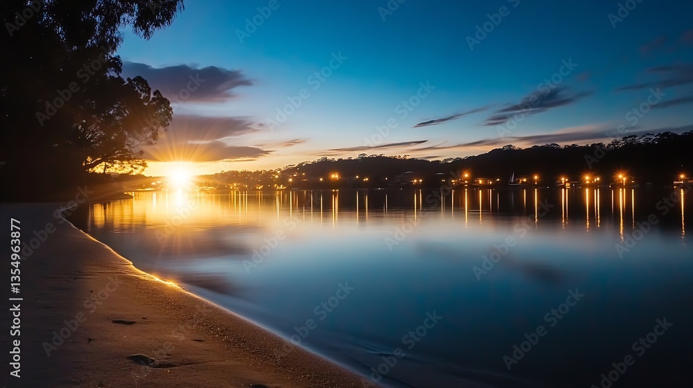 Poster Serene evening view of a shimmering river at sunset adorned with distant lights : Generative AI