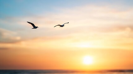 Two soaring birds fly gracefully into a vivid sunset backdrop over a calm ocean horizon : Generative AI