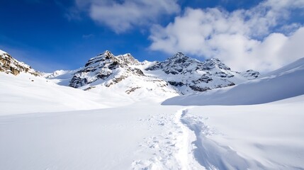 Obraz premium Scenic Winter Landscape Featuring Snow Covered Mountains Under a Clear Blue Sky : Generative AI